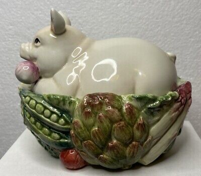 Vintage Fitz & Floyd French Market Pig With Vegetables Covered Dish 5 Inch