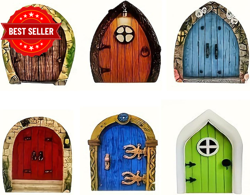 6PCS Wooden Fairy Garden Door Ornaments, Outdoor Decor Fairy Doors for Trees, 3D