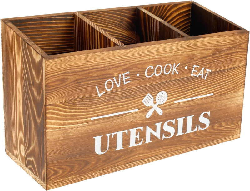 Wooden Kitchen Utensil Holder 3 Compartments Large Kitchen Utensil Caddy Organiz