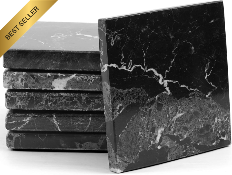 Black Marble Coasters Set of 6 Handmade 3.5" Inch Square Coasters for Drinks, Id
