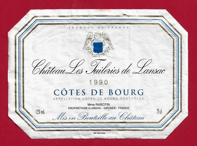 89/63 Etiquette BORDEAUX Côtes de Bourg 1990 Château Les Tuileries de Lansac