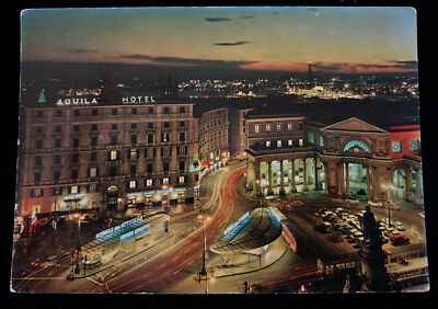 Vintage Postcard Aerial Night View Hotel Aquila & Reale Genova, Italy Unposted