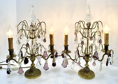 Pair 1900s antique French crystal bronze Girondoles Amethyst wired electric 18 
