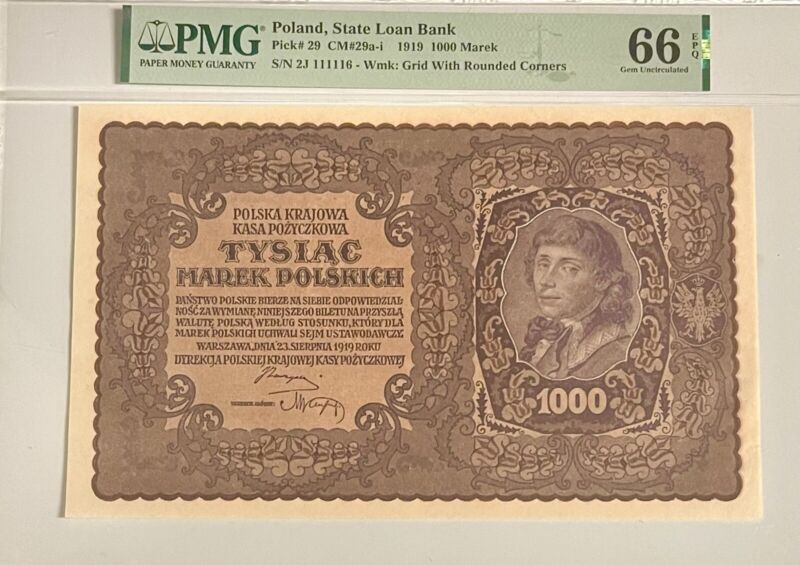 Poland 1000 Marek Pick# 29 CM#29a-i PMG 66 EPQ Gem Unc Banknote