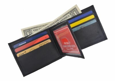 Mens Genuine Leather Black Flap Credit Card ID Holder Slim Bifold Wallet