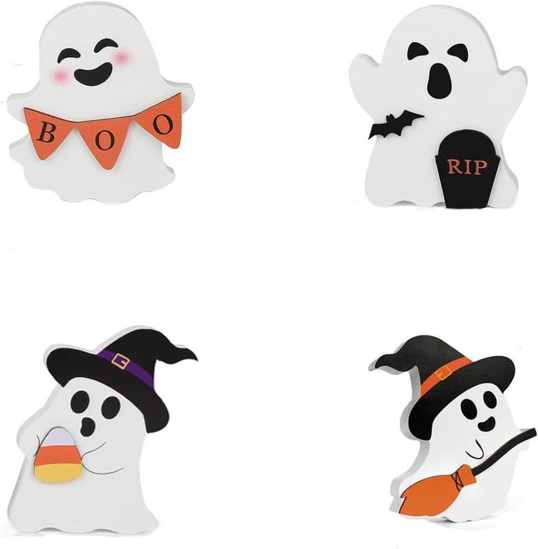 Halloween Table Decorations Set, 4-Piece Wooden Standing Ornaments