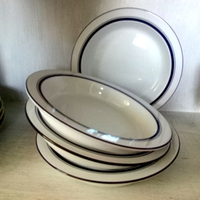 Set 4 Dansk Bistro Christianshavn White Blue Stripe Rim Pasta Soup Bowls 8 In