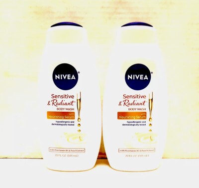 2 Nivea Sensitive & Radiant Body Wash W/ Nourishing Serum & Vit B5 & Pearl 20 Oz