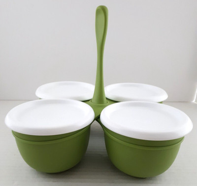 Tupperware Condiment Caddy Essentials Blossom 4 Cup Dip Snack Server NWOB Green