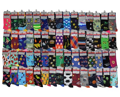 60 Pairs Wholesale Bulk Lot Men's Assorted Designs Novelty Dress Crew Socks