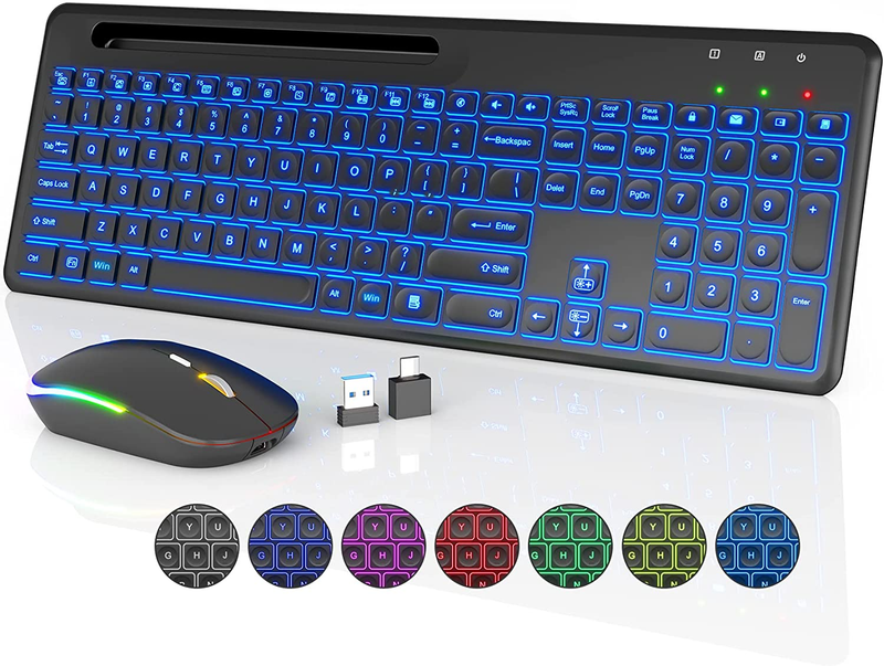 Wireless Keyboard and Mouse, 7 Backlit Effects, Phone Holder, Quiet Light up Key