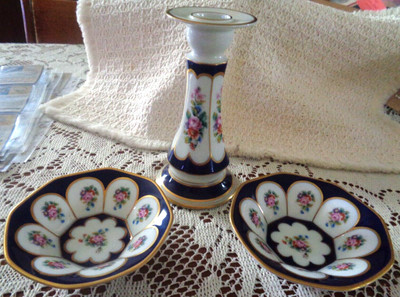 Vtg Keups Bavaria Lindner Porcelain Cobalt Candle Holder Stick 2 Sm Nut Dishes