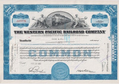 Western Pacific Railroad Company Stock Certificate UP Union Blue