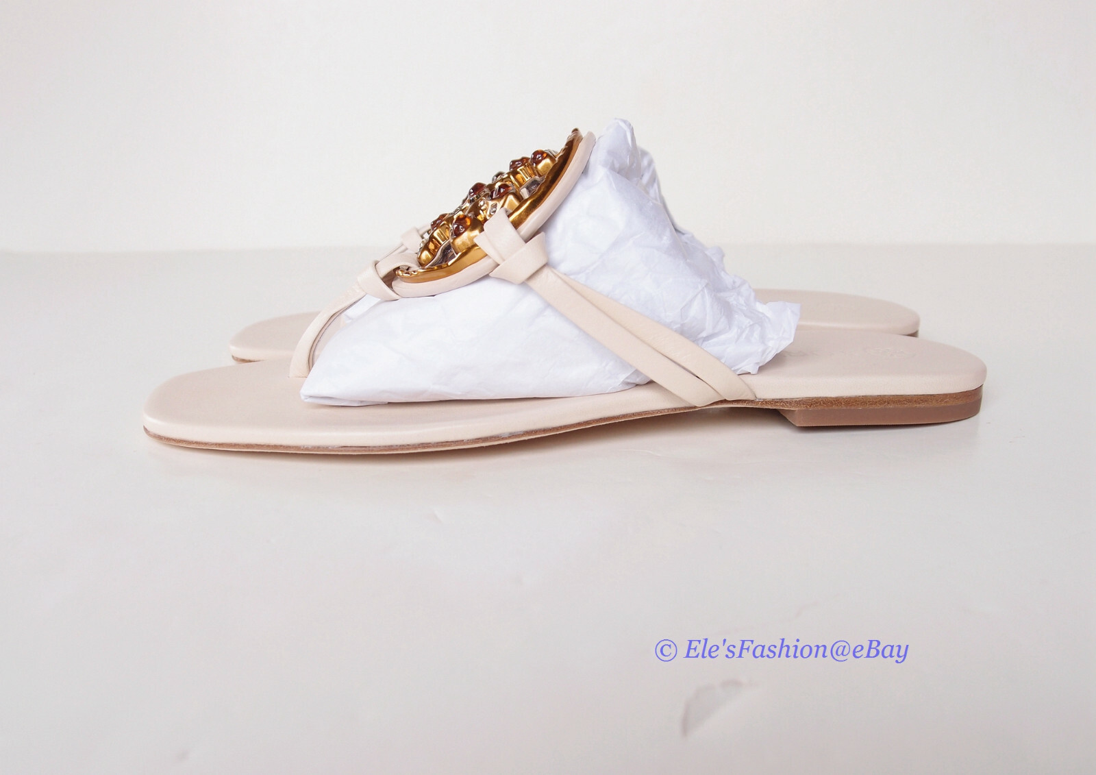 Pre-owned Tory Burch Jeweled Miller Leather Thong Sandal Brie Us 6.5 7 7.5 8 8.5 9 9.5 In Beige