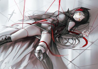 Anime girls lying down yellow eyes thread on back long Playmat Gaming Mat Desk