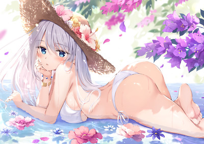 Anime girls  bikini sideboob wet oryou hat flowers Playmat Gaming Mat Desk