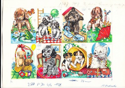 um 1955 PZB 1391 Hunde Hündchen - Original Aquarell Malerei 