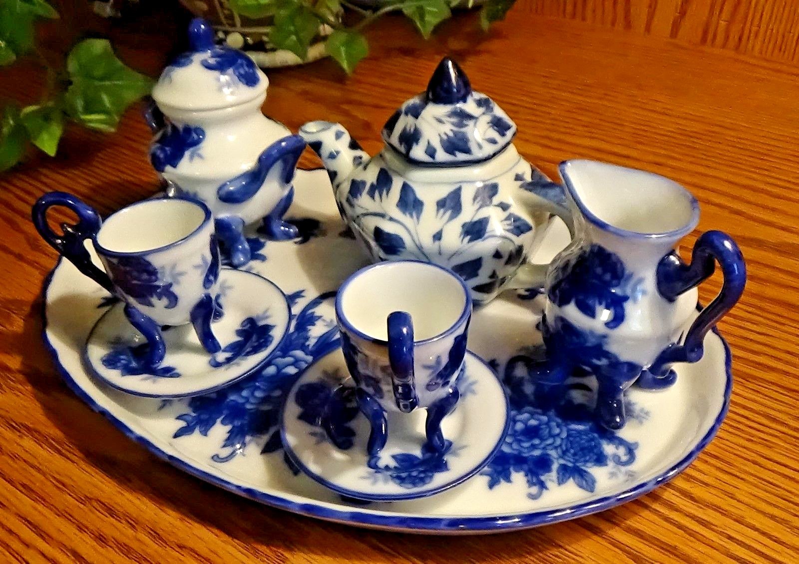 Mini Cobalt Blue and White Miniature Tea Set Floral Design