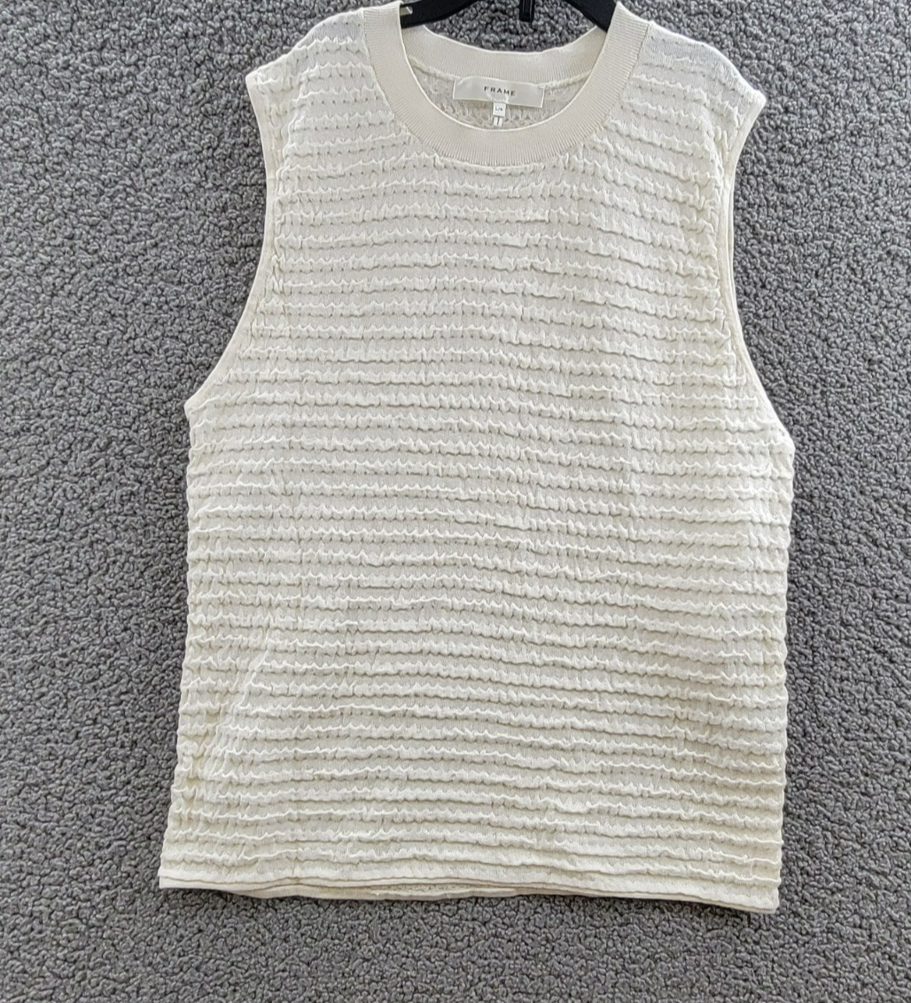 FRAME Smocked Silk Blend Sleeveless Top Women's L White Knit Crewneck Pullover - Picture 2 of 16