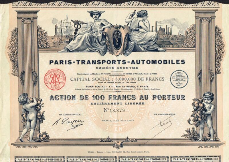 FRANCE PARIS TRANSPORT AUTOMOBILES COMPANY stock certificate/bond