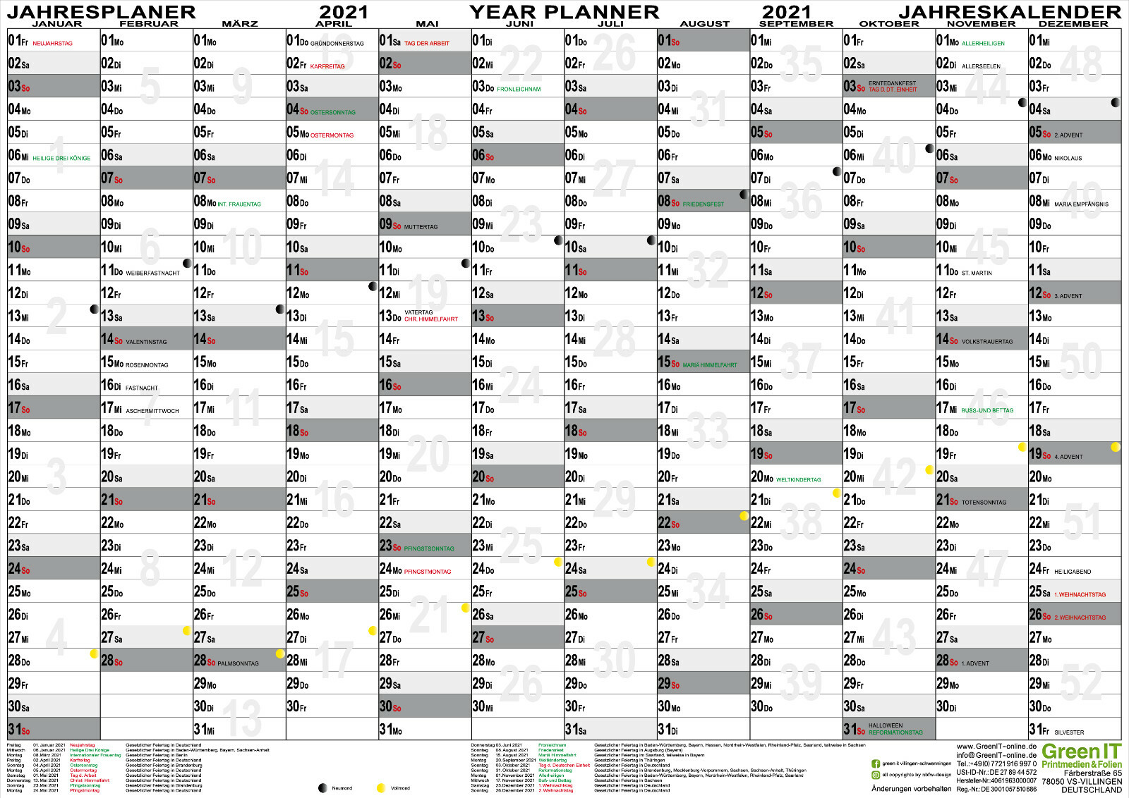 XXL Wandplaner 2021 DIN A1 gerollt Wandkalender Kalender Jahr KW groß Feiertage