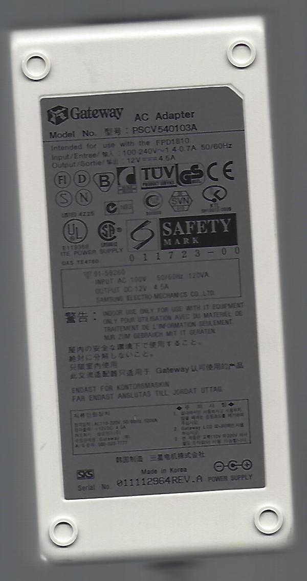 Gateway Monitor Power Adaptor Model # PSCV540103A