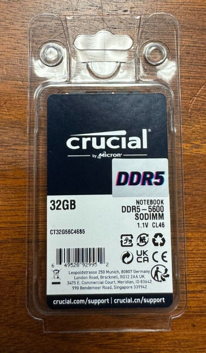 New Crucial 32GB (1 x 32GB) PC5 DDR5 DDR5 5600 Laptop SODIMM