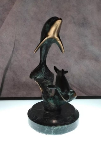 Two Dolphins Jumping Bronze Statue With Granite Base 6 In