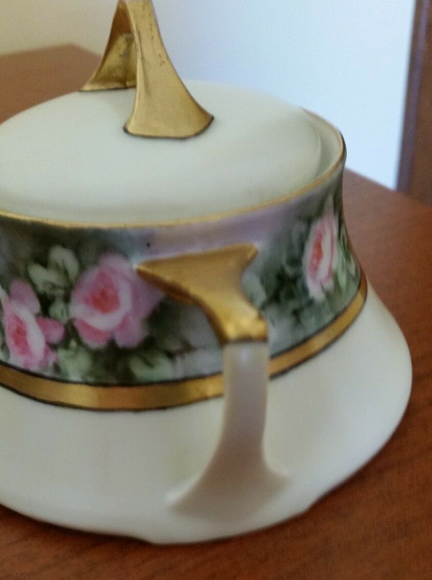 Vintage Z.S.&C. Art Deco Hand Painted Pink Roses Sugar Bowl-Signed Schulz 1914