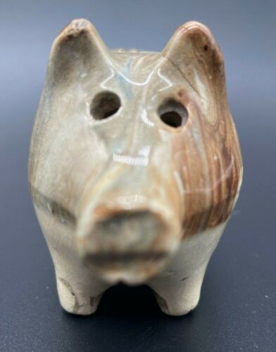 Antique Mocha Ware Yellow Ware Hole Eyed Small Pig Bank marked Austria