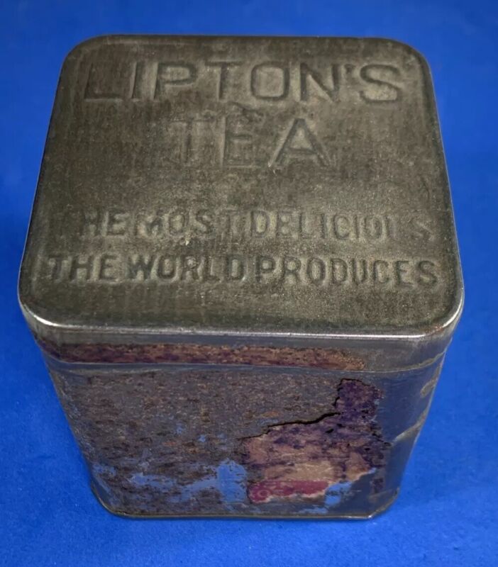 Vtg Lipton’s Tea Tin Advertising Rusty Silver Tone Metal Patina Square Ceylon