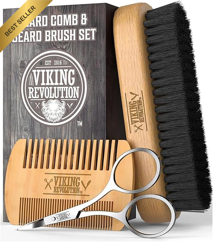 Beard Brush and Comb Set Boar Bristle Bamboo Brush Wood Comb with Travel Pouch