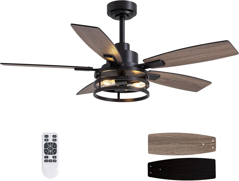 46" Black Caged Ceiling Fan with Lights & Remote for Indoor/Outdoor Use