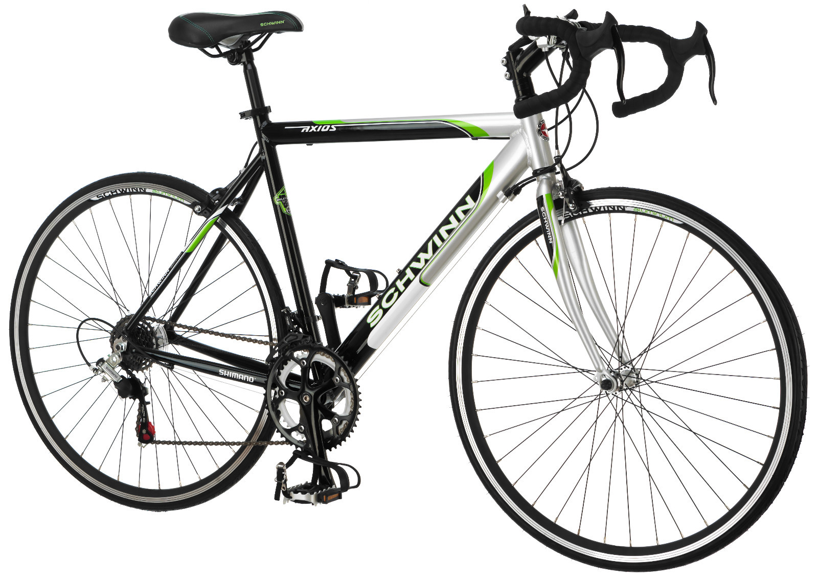 700c Schwinn Men Axios Drop Bar Road Bicycle, Silver/Black/Green, 21.5inch Frame