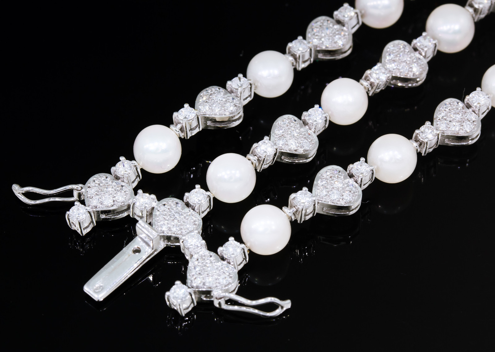 6 ct Diamond and Akoya Pearl Triple Strand Tennis Bracelet 18k White Gold Estate