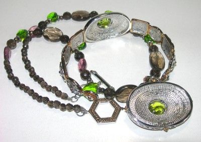 BEAUTIFUL STERLING SILVER VERMEIL TOPAZ PERIDOT NECKLACE & BRACELET CUFF SET
