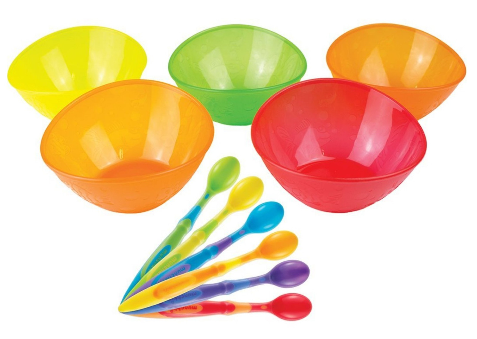 Munchkin Multi Bowl 5-Pack Set with 6-Pack Soft-Tip Infant Spoons Bright Colors