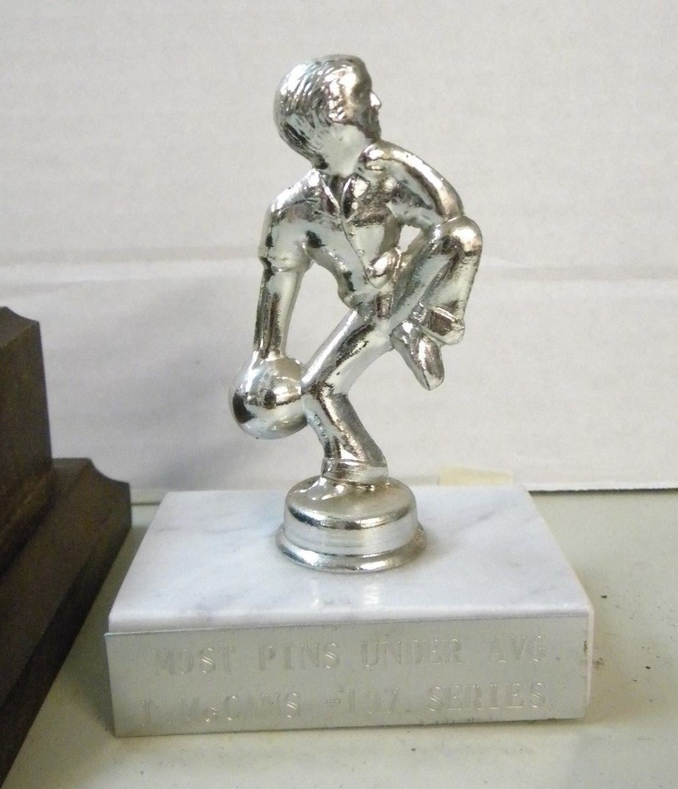 3 Vintage 1970s Wood Marble and Metal Topper BOWLING Trophies ~ Mens