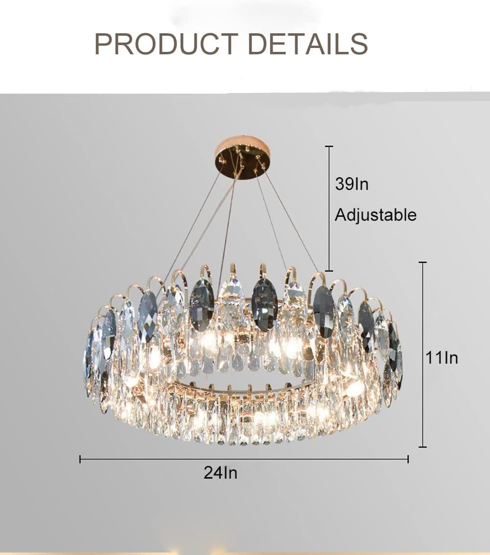 Modern 6-Light Crystal Chandelier Round Pendant Lamp Adjustable Ceiliing Fixture