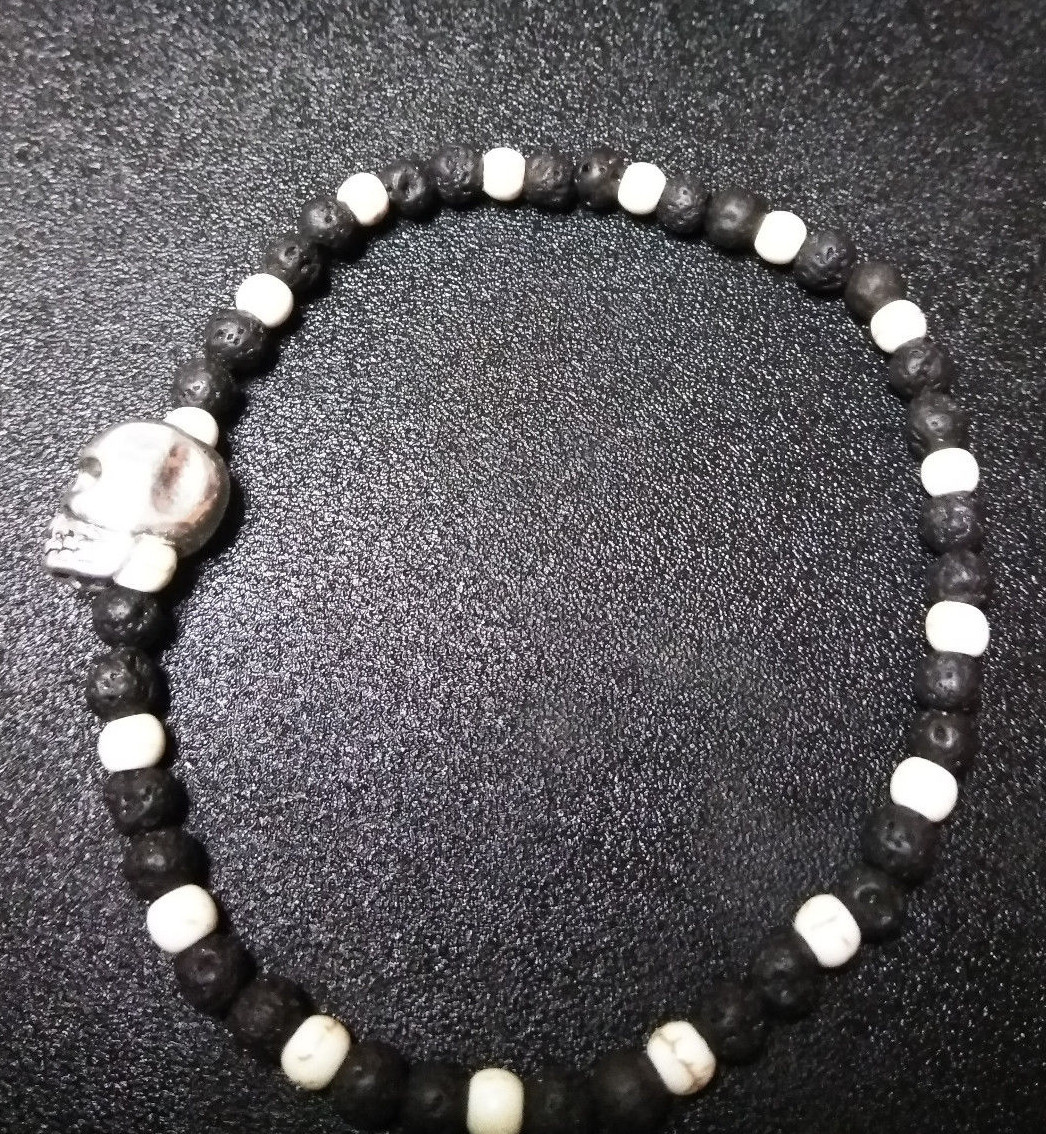 Bracelet Skull with Natural Lava Stone, Howlite Men Women friendship Stretch