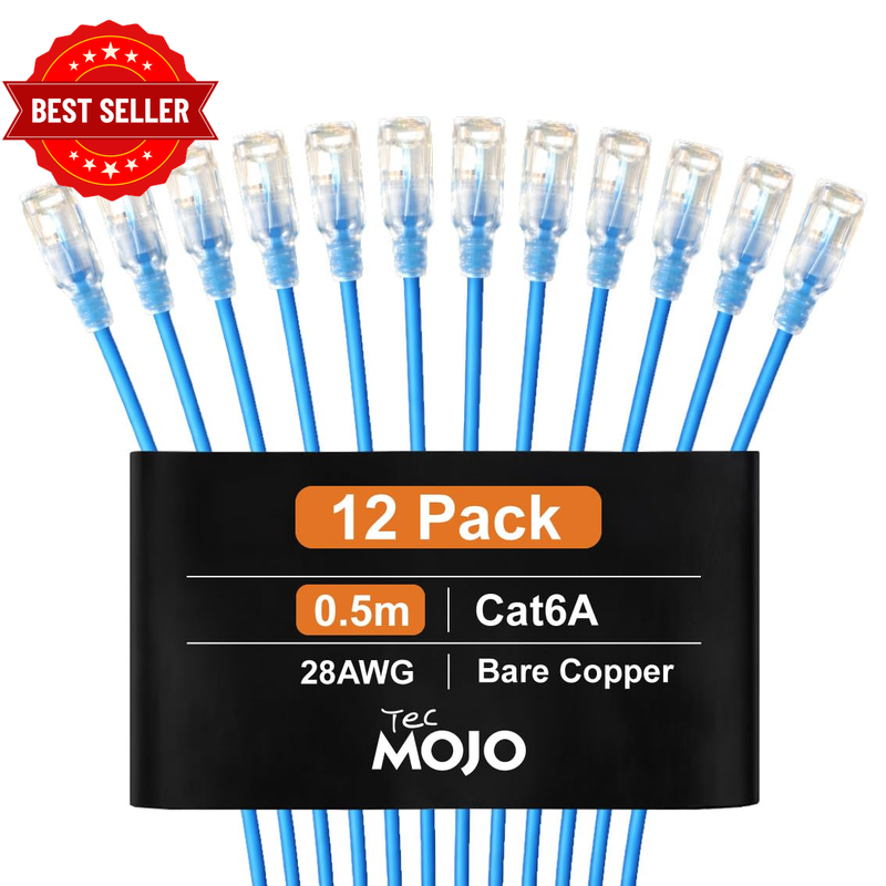 Cat6A Ethernet Cable, 0.5M Patch Cable 12 Pack 30AWG Ultra Thin 10 Gbps RJ45 Pur