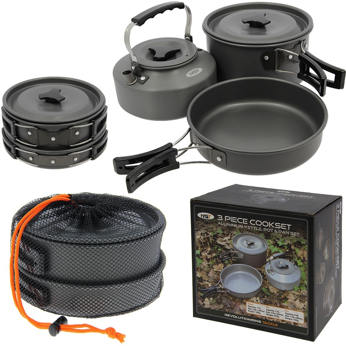 NGT 3 Piece Cook Set Carp Fishing Cooking Set Kettle Frying Pan Pot