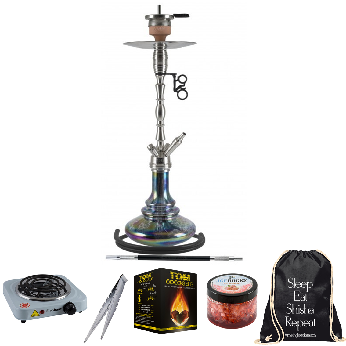 Shisha Set komplett Amy Hammer Steel Edelstahl Zubehör 1 Schlauch 4 Anschlüsse