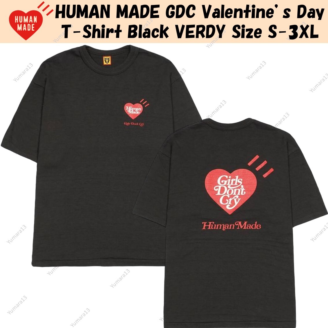 HUMAN MADE GDC Valentine's Day T-Shirt Black VERDY Size S HUMAN MADE GDC Valentine's Day T-Shirt Black VERDY Size S