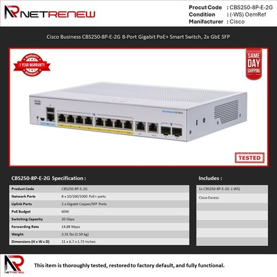Cisco Business CBS250-8P-E-2G 8-Port Gigabit PoE+ Smart Switch, 2x GbE SFP