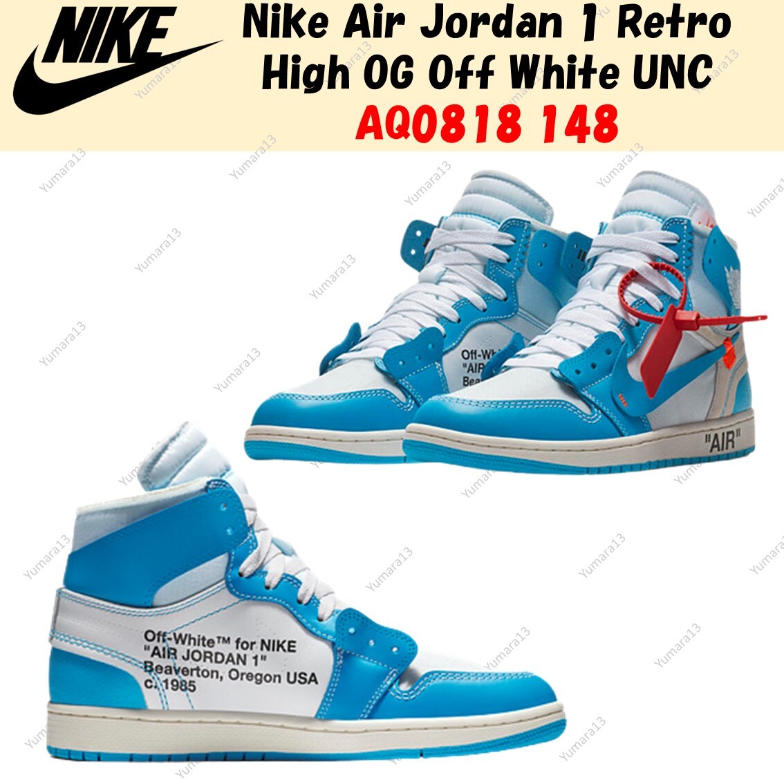 Off-White × AJ1 High UNC aq0818-148 Off White X Jordan 1 Retro High OG 'UNC' - Air Jordan