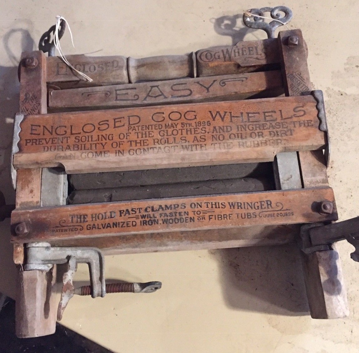 Wringer clothes washer hand crank #730 May 5 1896 PRIMITIVE wood / iron ANTIQUE