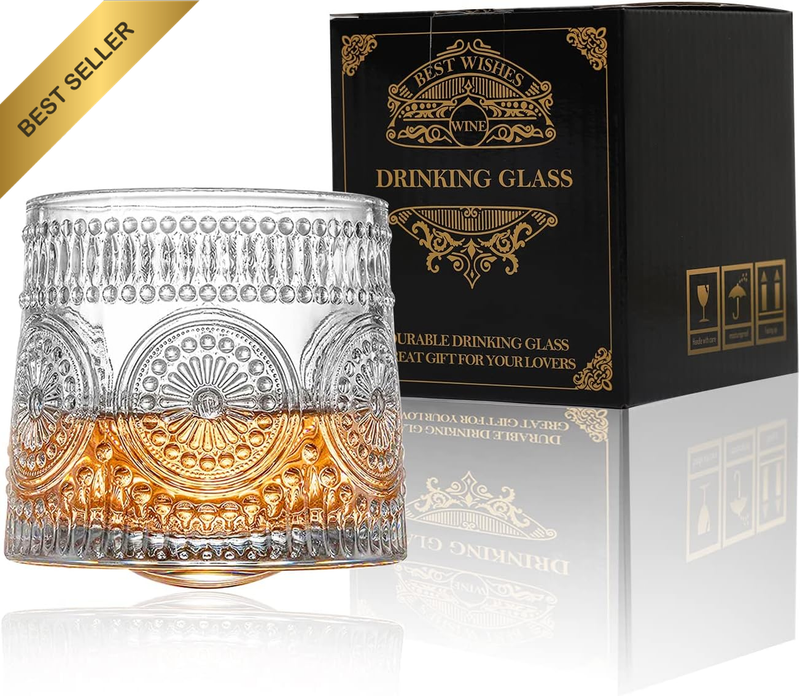 Whiskey Glass, 9 Oz No-Lead Crystal Rotating Japanese Whisky Tumbler, Gift Box f