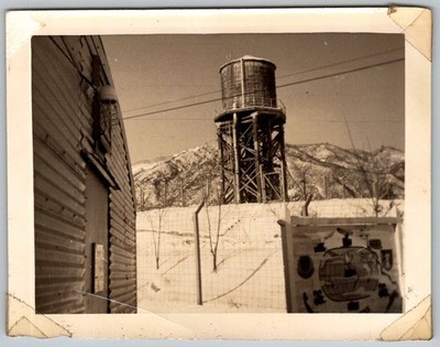 Vtg B&W Snapshot Military Base Water Tower Snowy Mountains Sign Globe Map 1950s