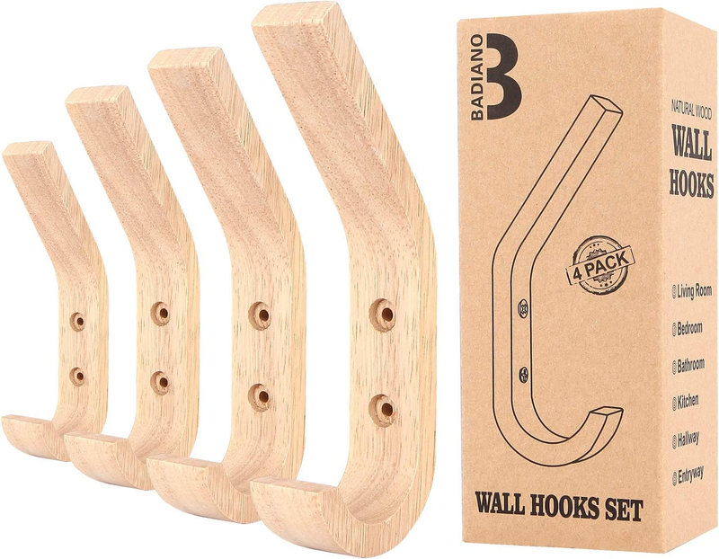 Pack of 4 Wooden Wall Hooks, Decorative Natural Wood Coat Hanger, Mounted Towel